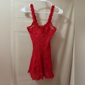 Vintage 90s Inner Most Red Lace Slip Dress – Ruffled Straps & Rose Detail Small